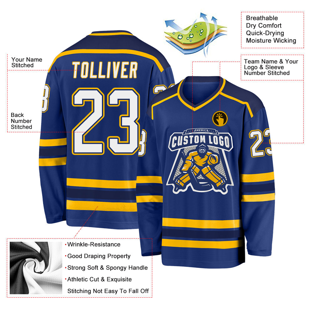 Custom Hockey Jersey - Royal White Navy-Gold