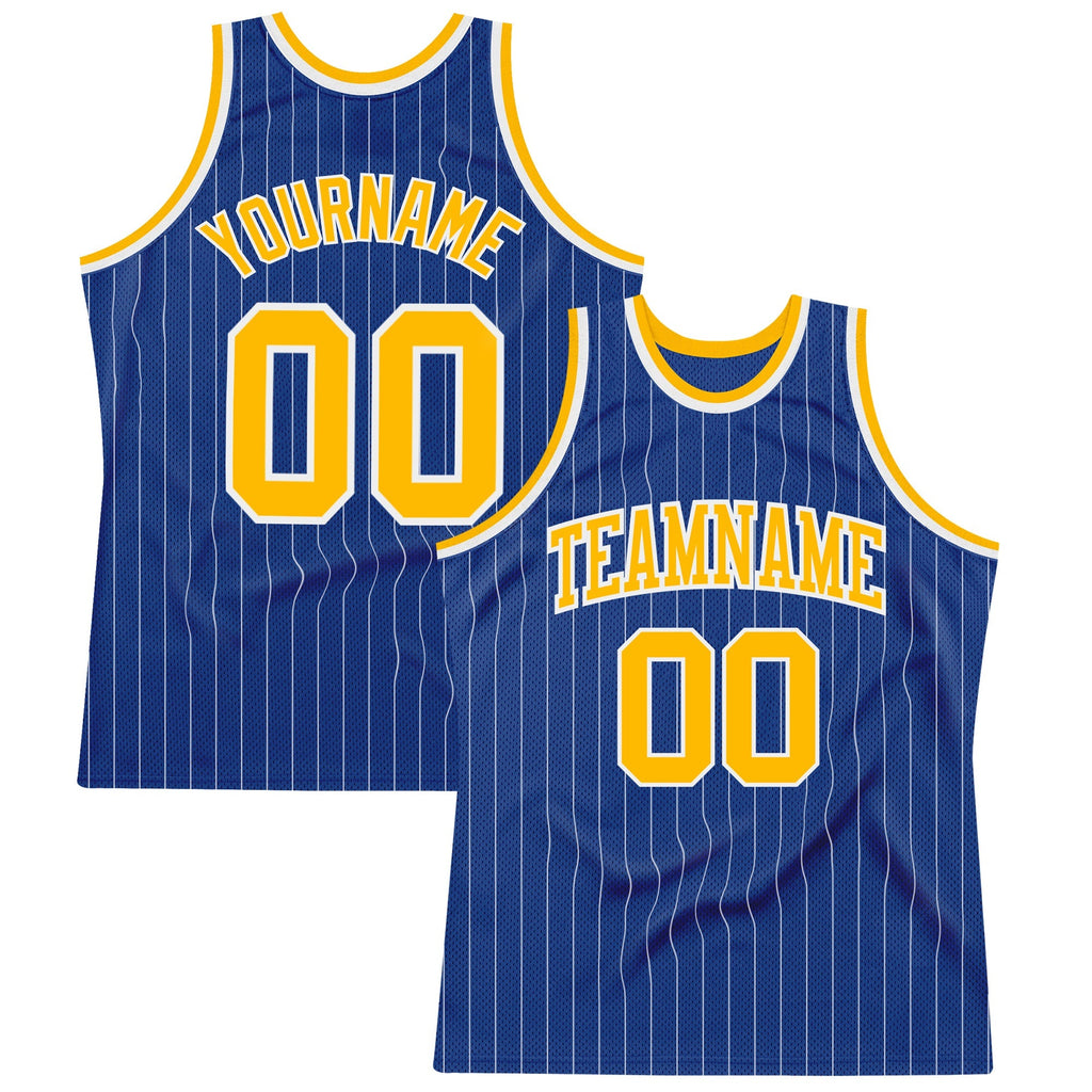 Custom Basketball Jersey - Royal White Pinstripe Gold-White
