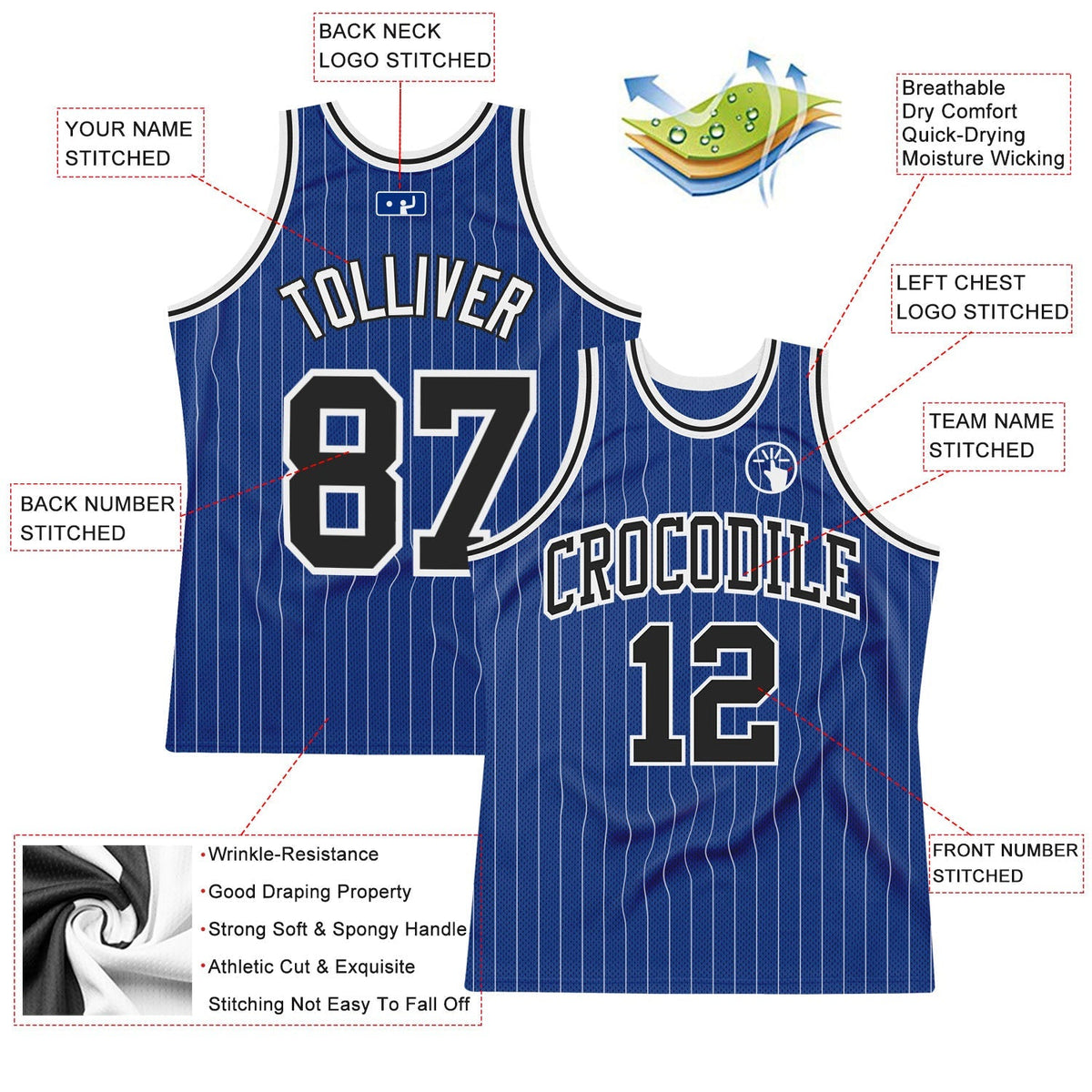 Custom Basketball Jersey - Royal White Pinstripe Black-White