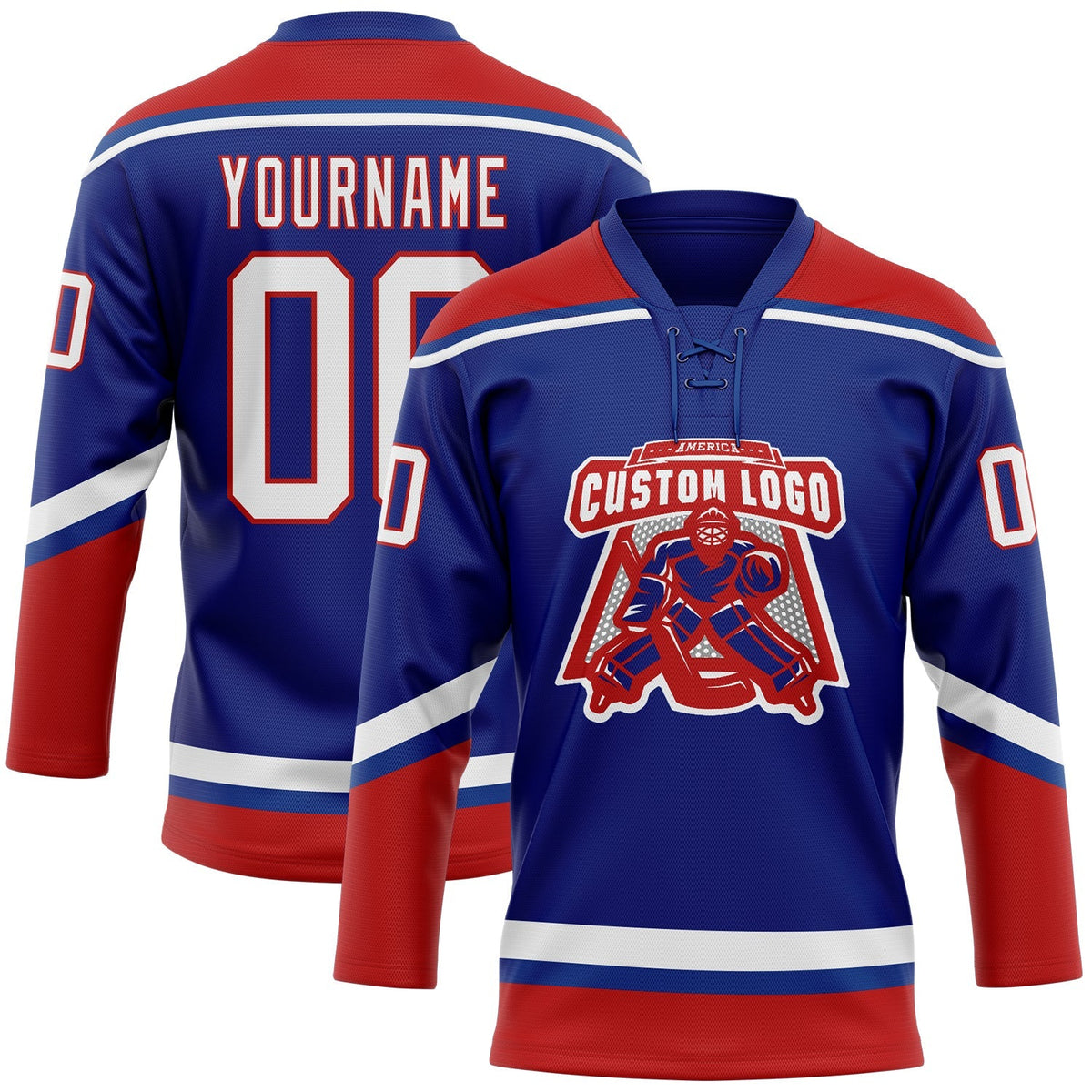 Custom Hockey Jersey - Royal White-Red Lace Neck