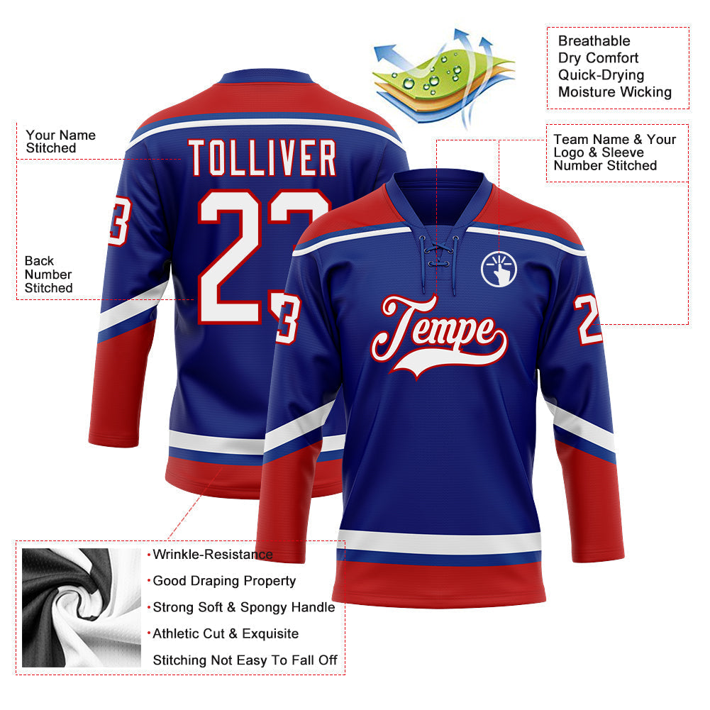 Custom Hockey Jersey - Royal White-Red Lace Neck