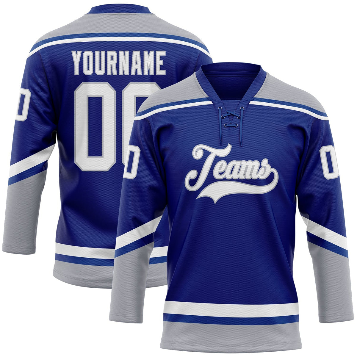 Custom Hockey Jersey - Royal White-Gray Lace Neck