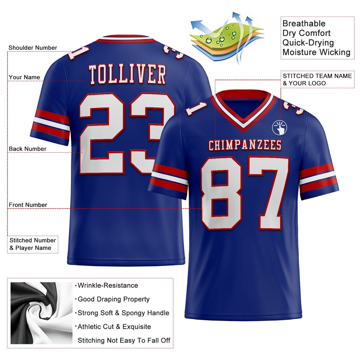 Custom Football Jersey - Royal White-Red