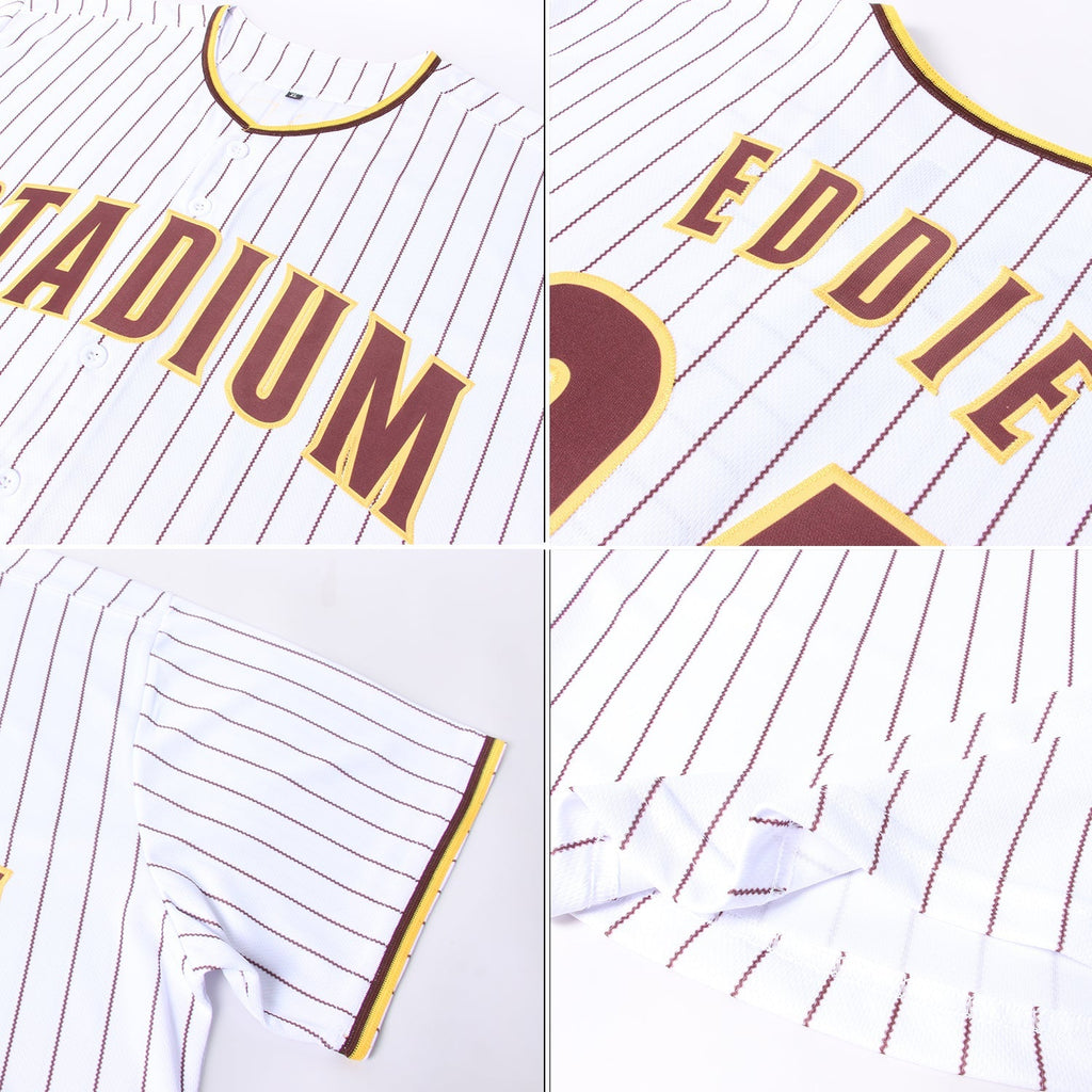 Custom Baseball Jersey - White Brown Pinstripe Brown-Gold