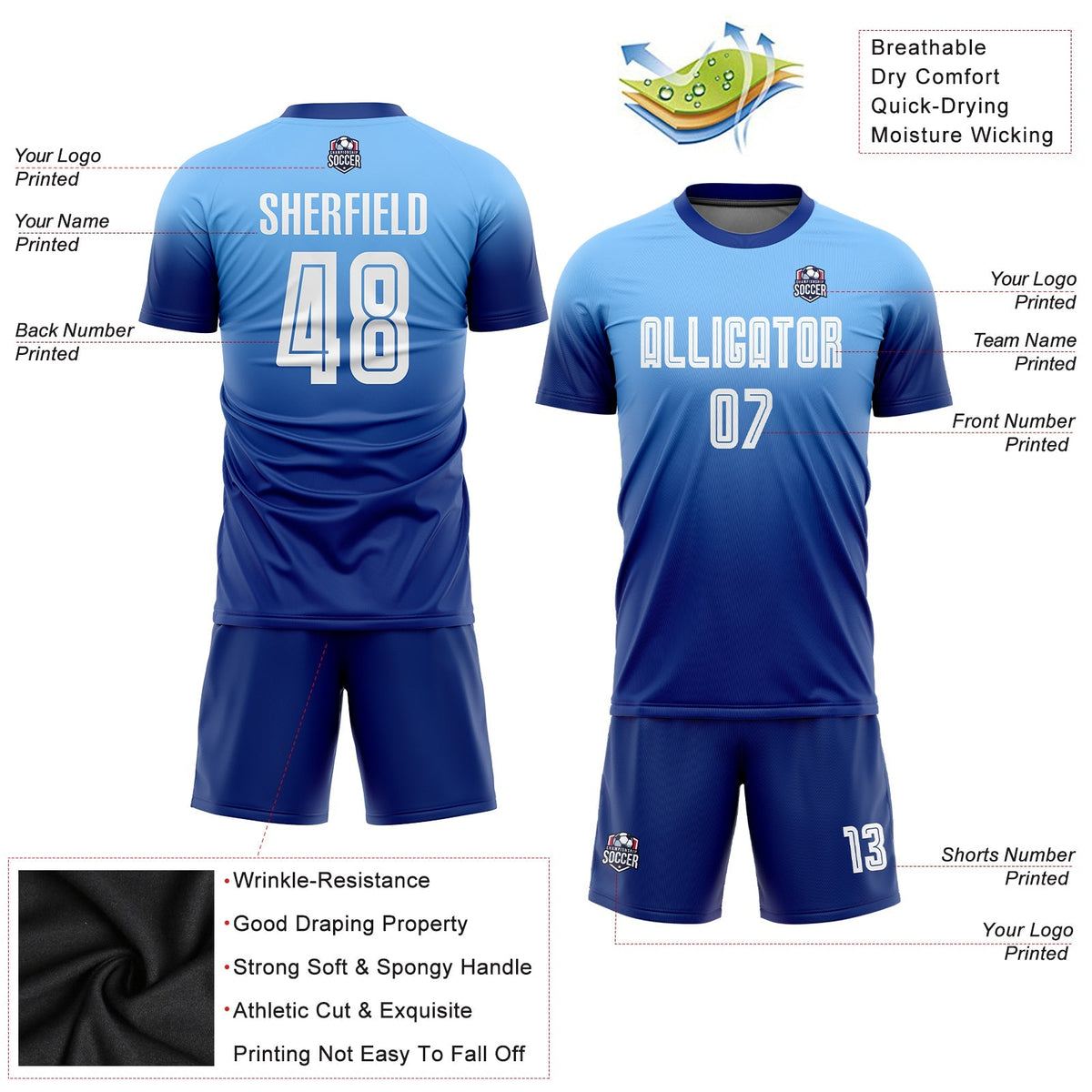Custom Soccer Jersey - Light Blue White-Royal Sublimation Fade Fashion Uniform