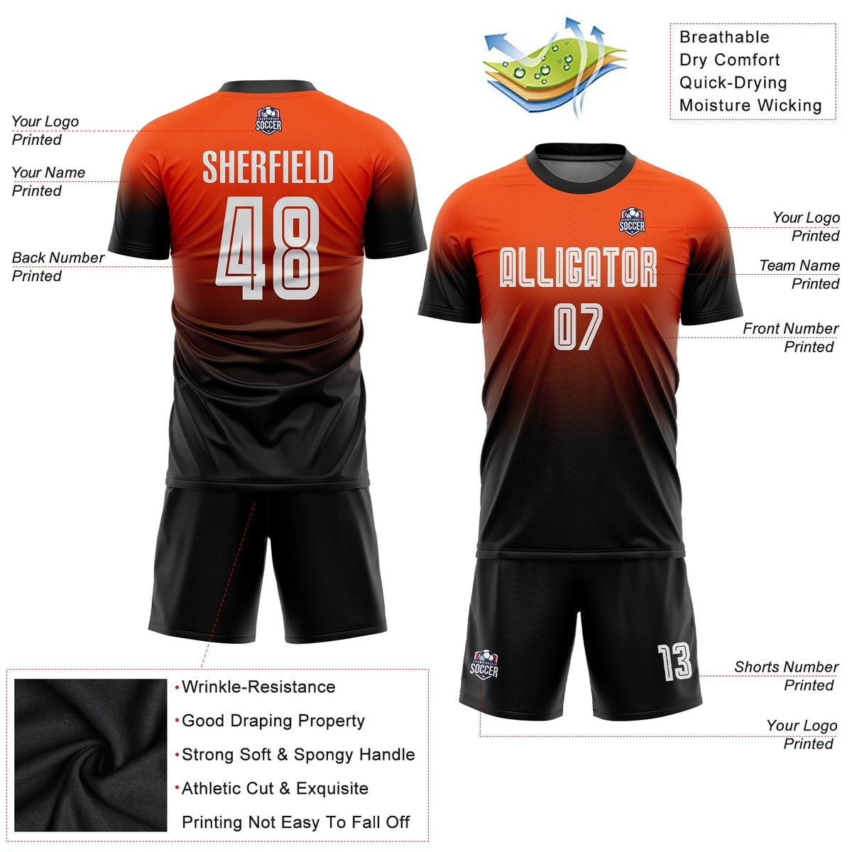 Custom Soccer Jersey - Orange White-Black Sublimation Fade Fashion Uniform