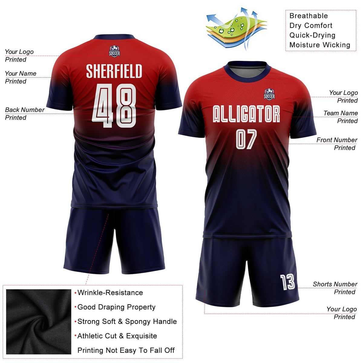 Custom Soccer Jersey - Red White-Navy Sublimation Fade Fashion Uniform