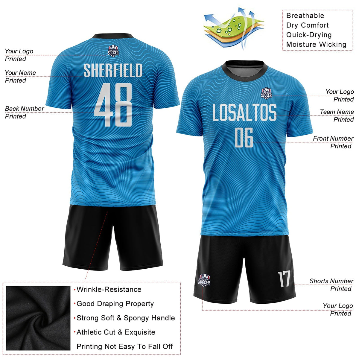 Custom Soccer Jersey - Light Blue White-Black Sublimation Uniform - Style Soccer0085