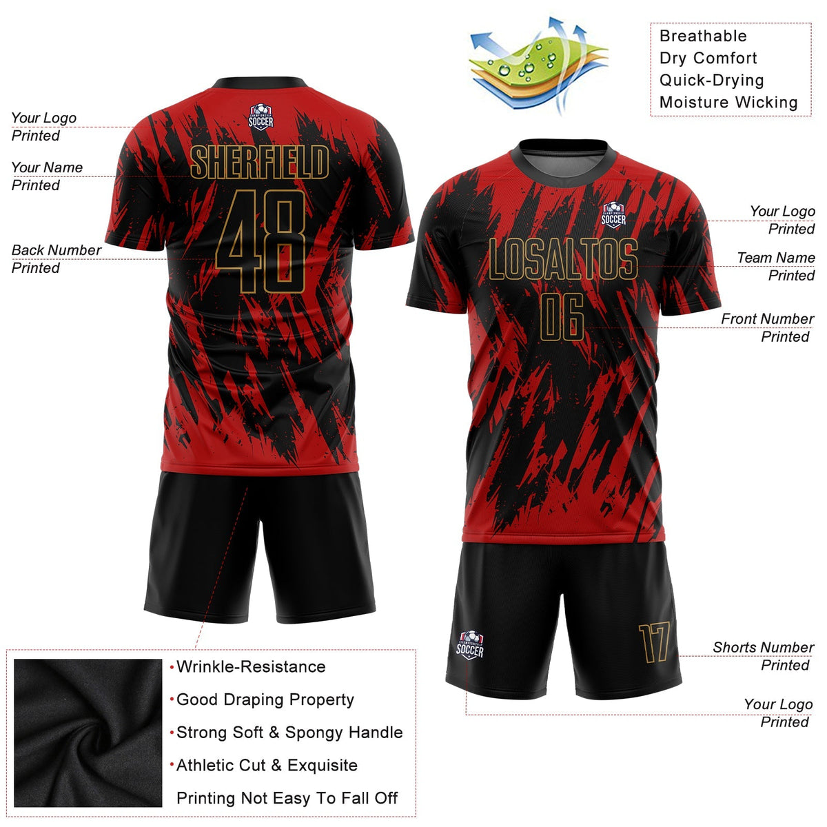 Custom Soccer Jersey - Red Black-Old Gold Sublimation Uniform - Style Soccer0099
