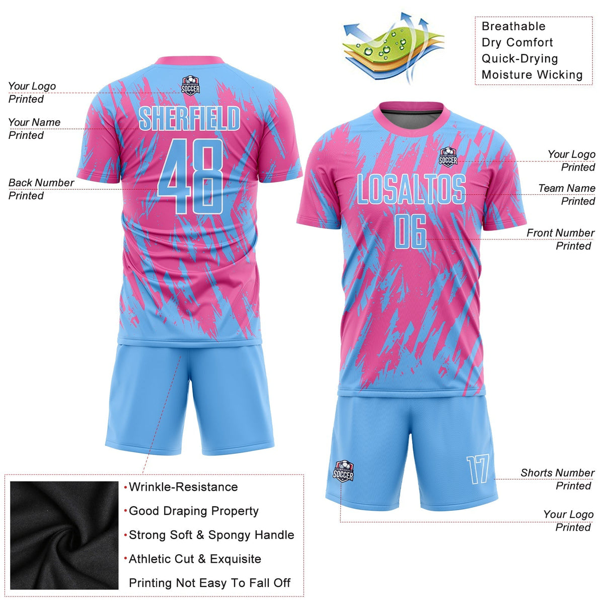 Custom Soccer Jersey - Pink Light Blue-White Sublimation Uniform