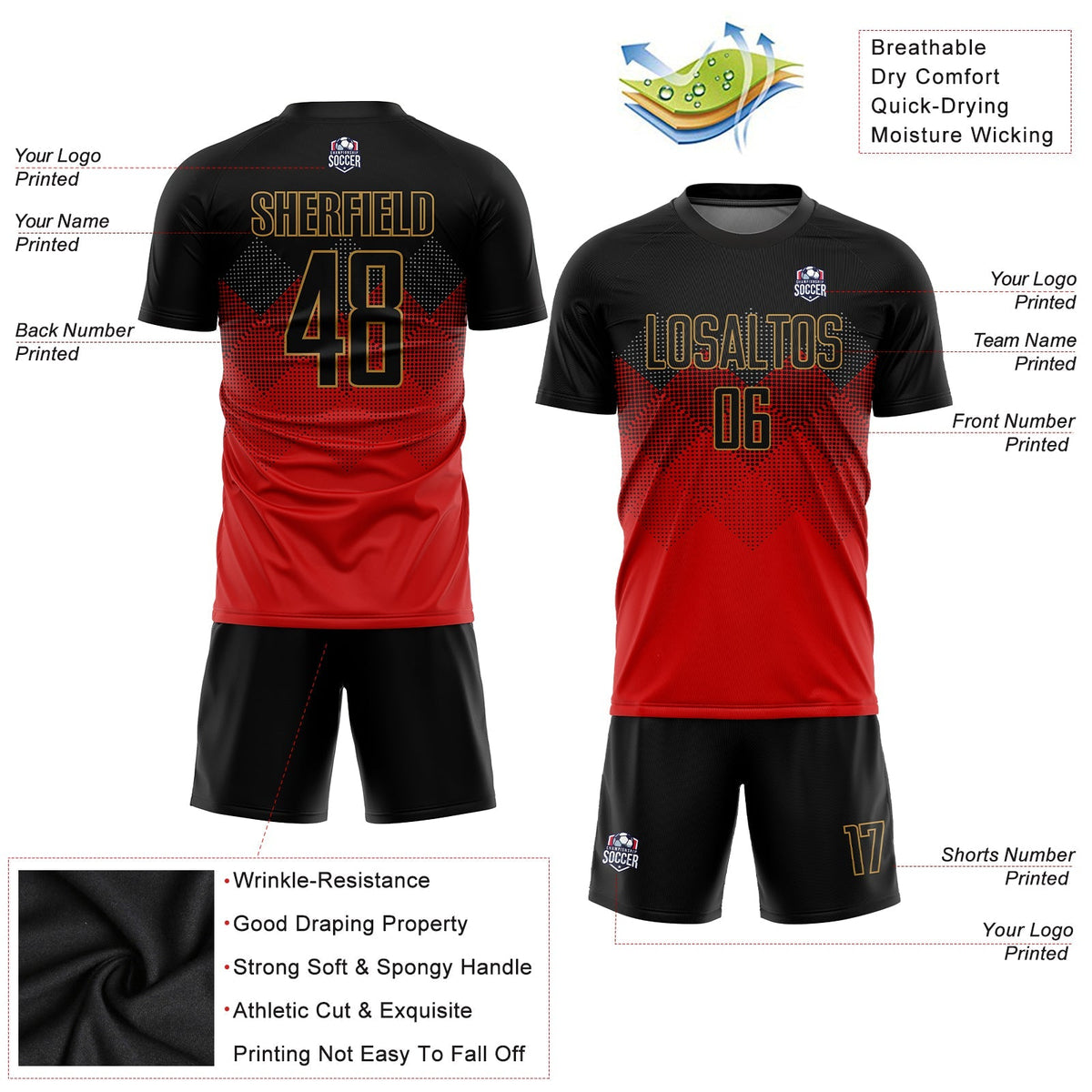 Custom Soccer Jersey - Red Black-Old Gold Sublimation Uniform - Style Soccer0109