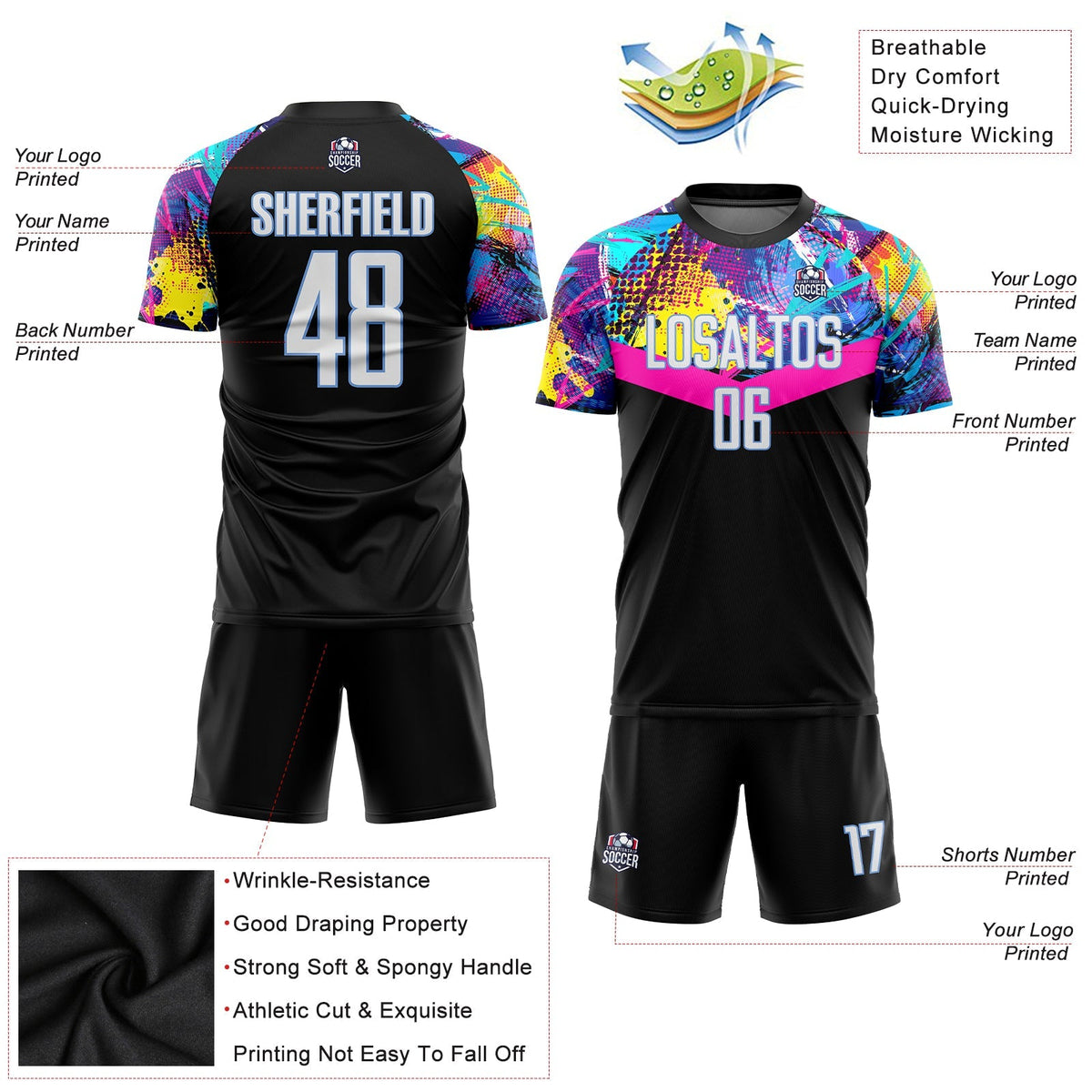 Custom Soccer Jersey - Black White-Light Blue Sublimation Uniform - Style Soccer0119