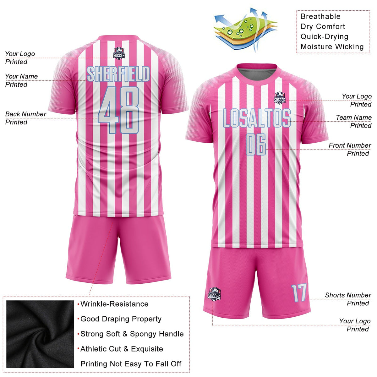 Custom Soccer Jersey - Pink White-Light Blue Sublimation Uniform