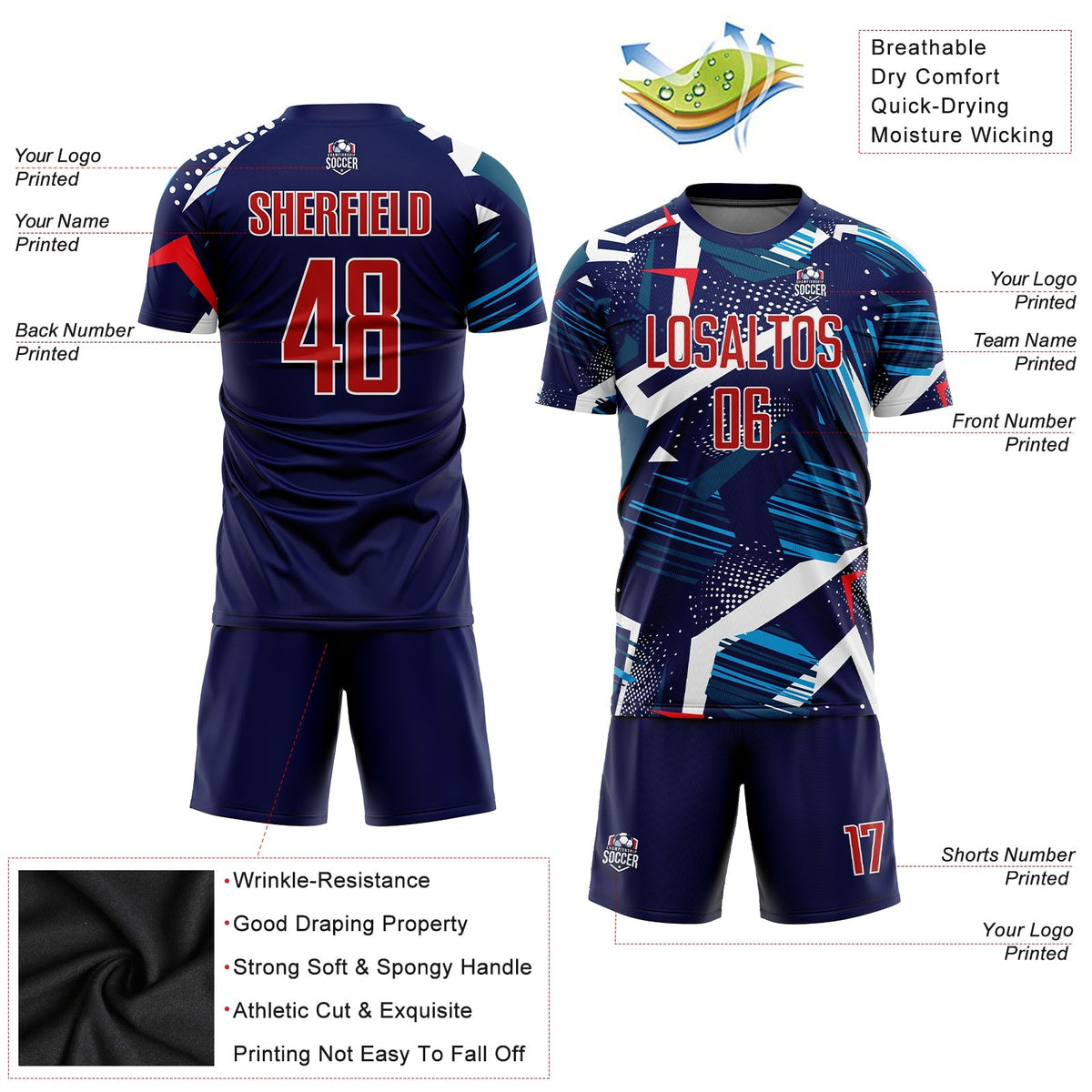 Custom Soccer Jersey - Navy Red-White Sublimation Uniform