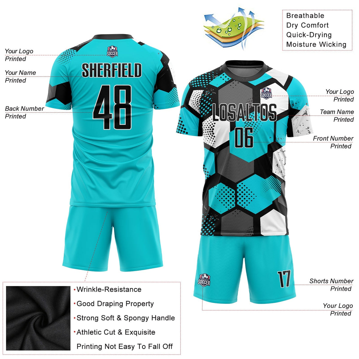 Custom Soccer Jersey - Aqua Black-White Sublimation Uniform