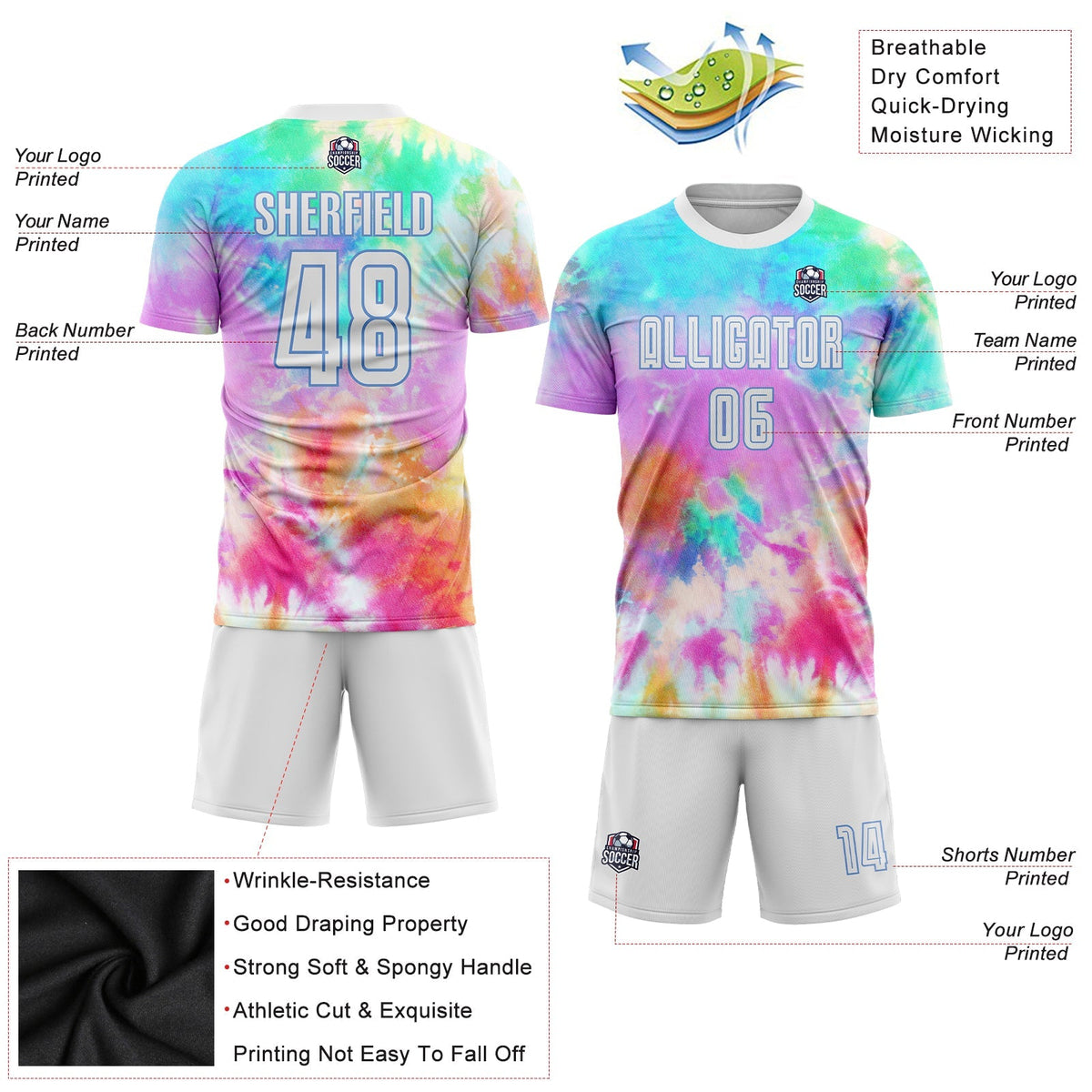 Custom Soccer Jersey - Tie Dye White-Light Blue Sublimation Uniform - Style Soccer0285