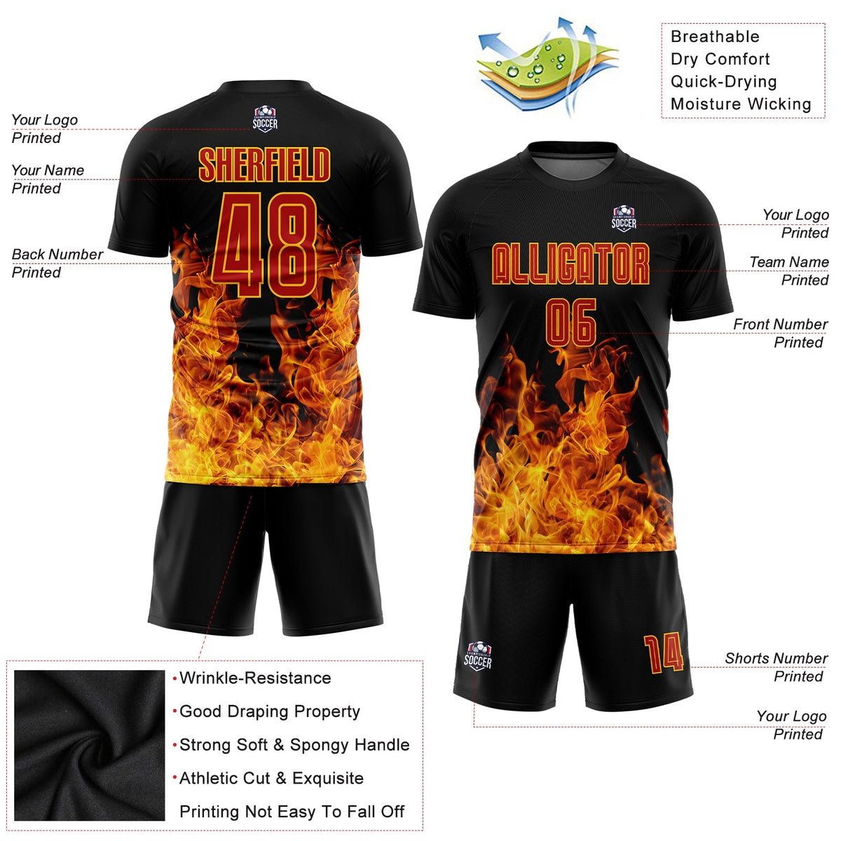 Custom Soccer Jersey - Black Red-Gold Flame Sublimation Uniform