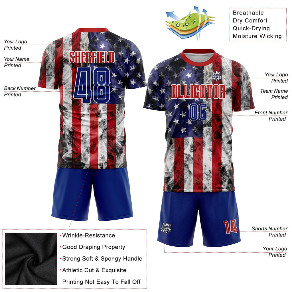 Custom Soccer Jersey - White Royal-Red American Flag Fashion Sublimation Uniform