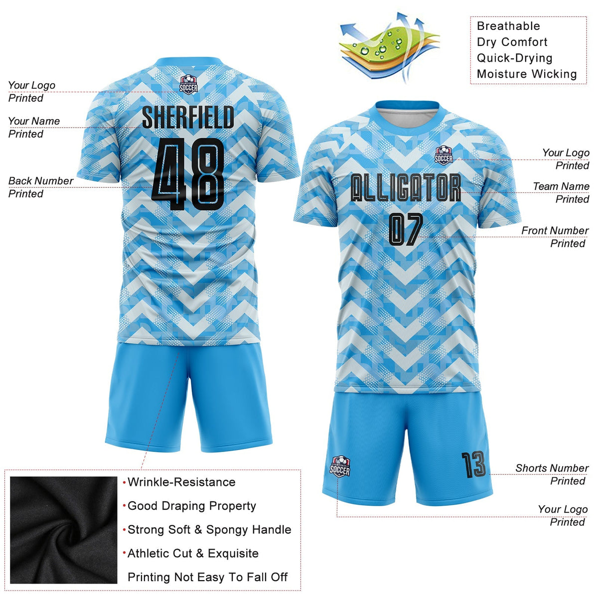 Custom Soccer Jersey - Light Blue Black-White Home Sublimation Uniform