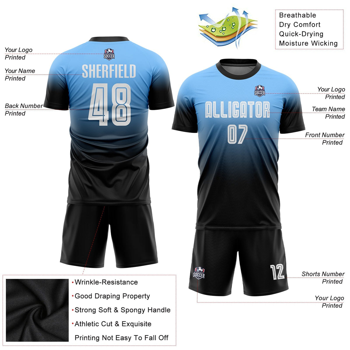 Custom Soccer Jersey - Powder Blue White-Black Sublimation Fade Fashion Uniform