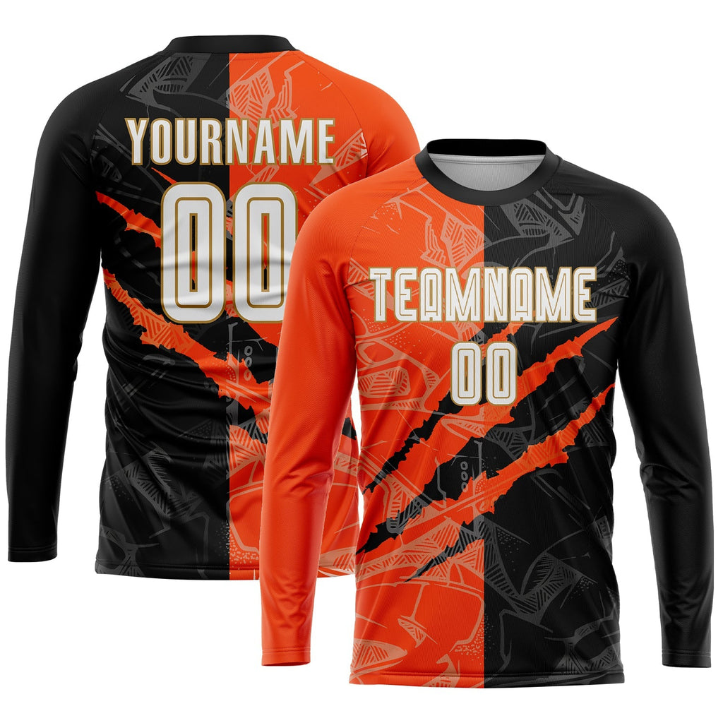 Custom Soccer Jersey - Graffiti Pattern White Black Orange-Old Gold Scratch Sublimation Uniform