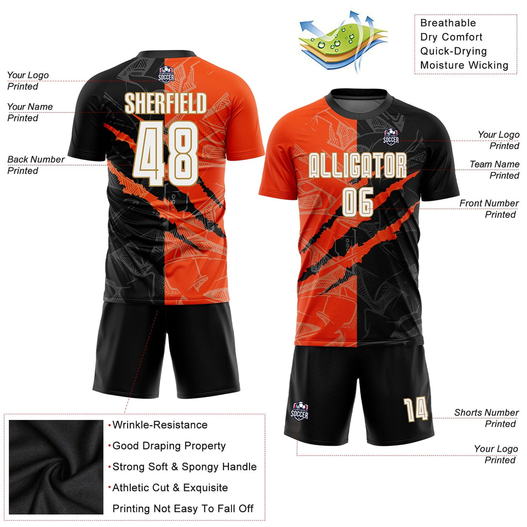 Custom Soccer Jersey - Graffiti Pattern White Black Orange-Old Gold Scratch Sublimation Uniform