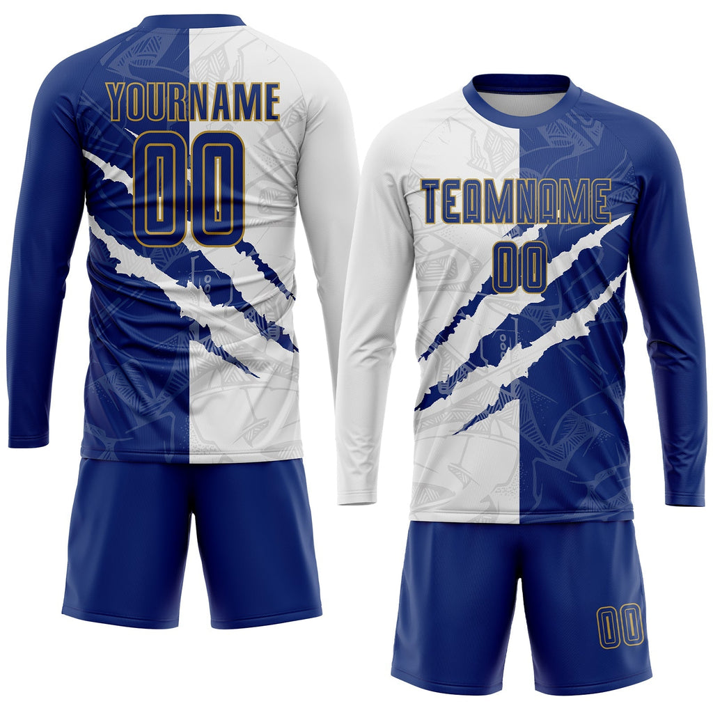 Custom Soccer Jersey - Graffiti Pattern Royal White-Old Gold Scratch Sublimation Uniform