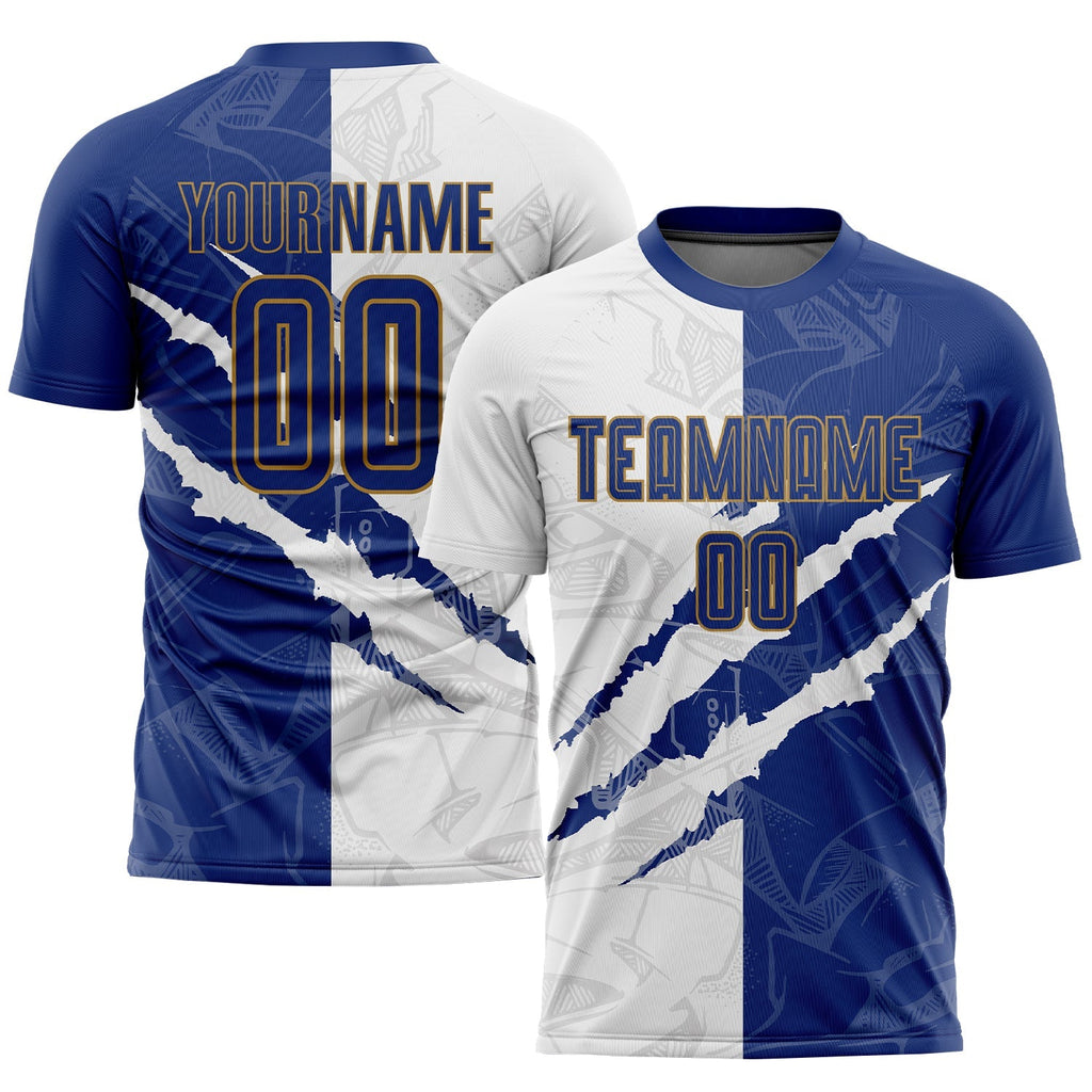 Custom Soccer Jersey - Graffiti Pattern Royal White-Old Gold Scratch Sublimation Uniform