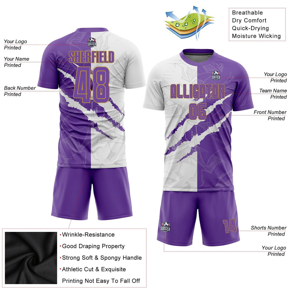 Custom Soccer Jersey - Graffiti Pattern Purple White-Old Gold Scratch Sublimation Uniform