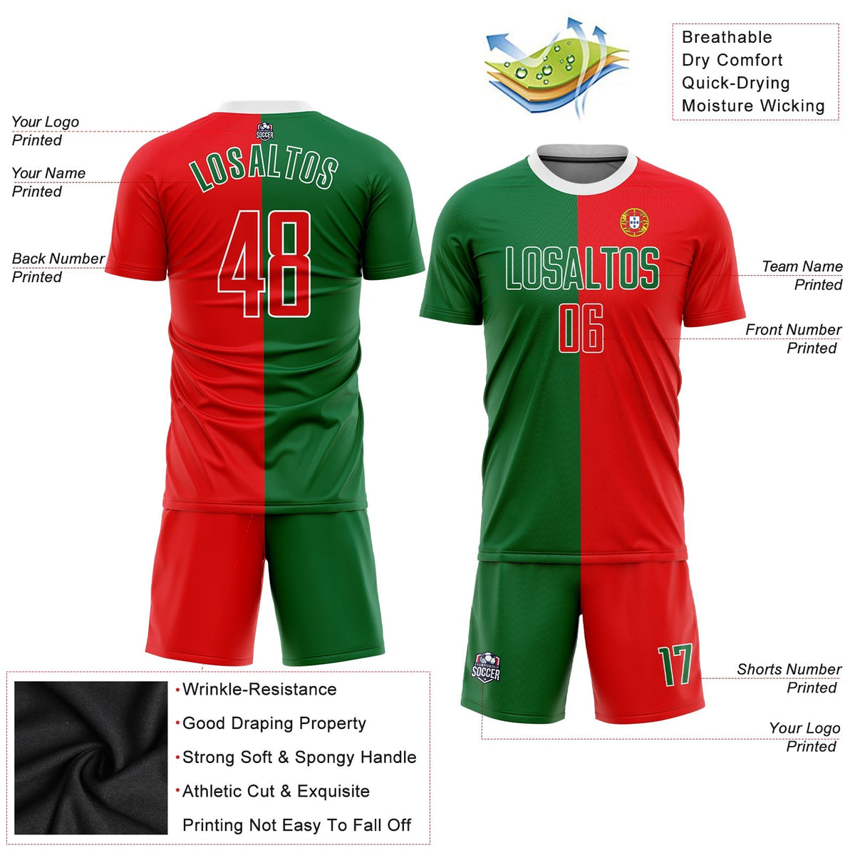 Custom Soccer Jersey - Kelly Green Red-White Sublimation Portuguese Flag Uniform