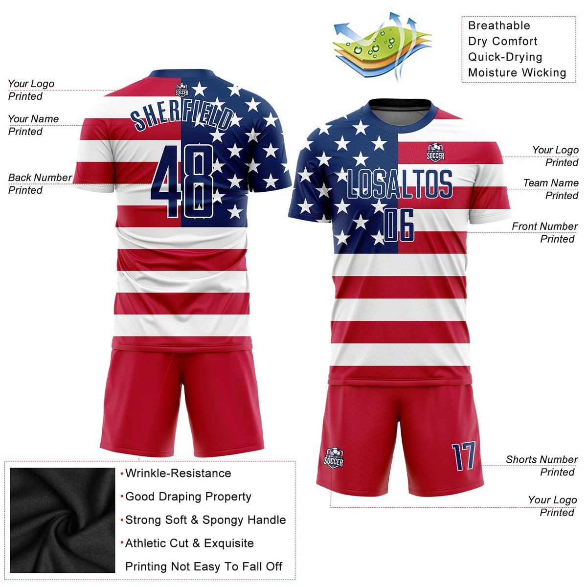 Custom Soccer Jersey - Red Royal-White Sublimation American Flag Uniform