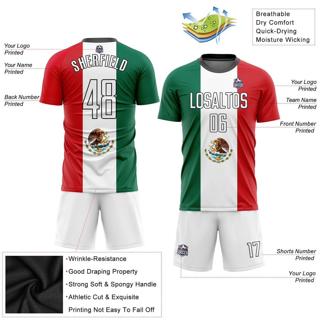 Custom Soccer Jersey - Kelly Green White Red-Black Sublimation Mexican Flag Uniform