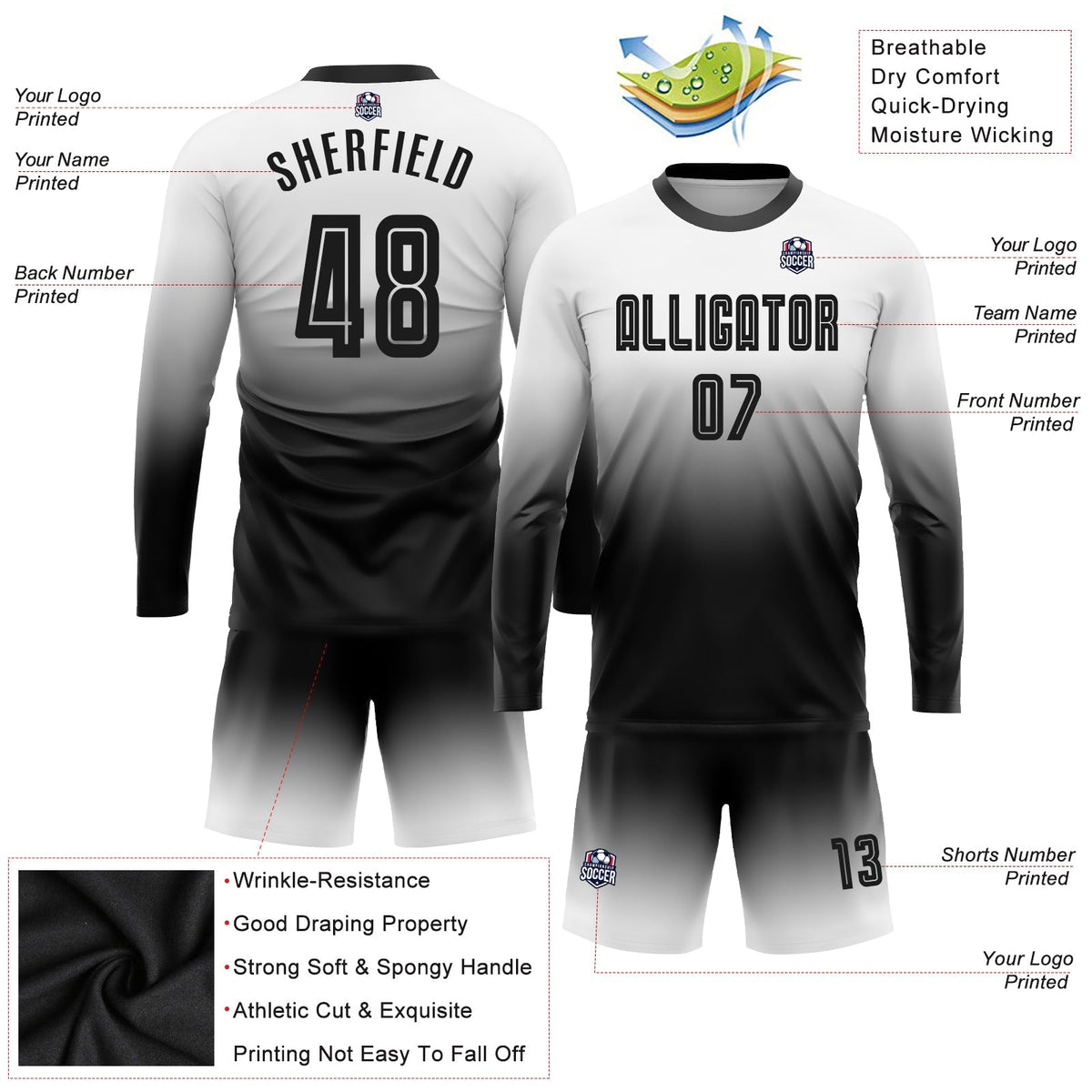 Custom Soccer Jersey - White Black Sublimation Long Sleeve Fade Fashion Uniform