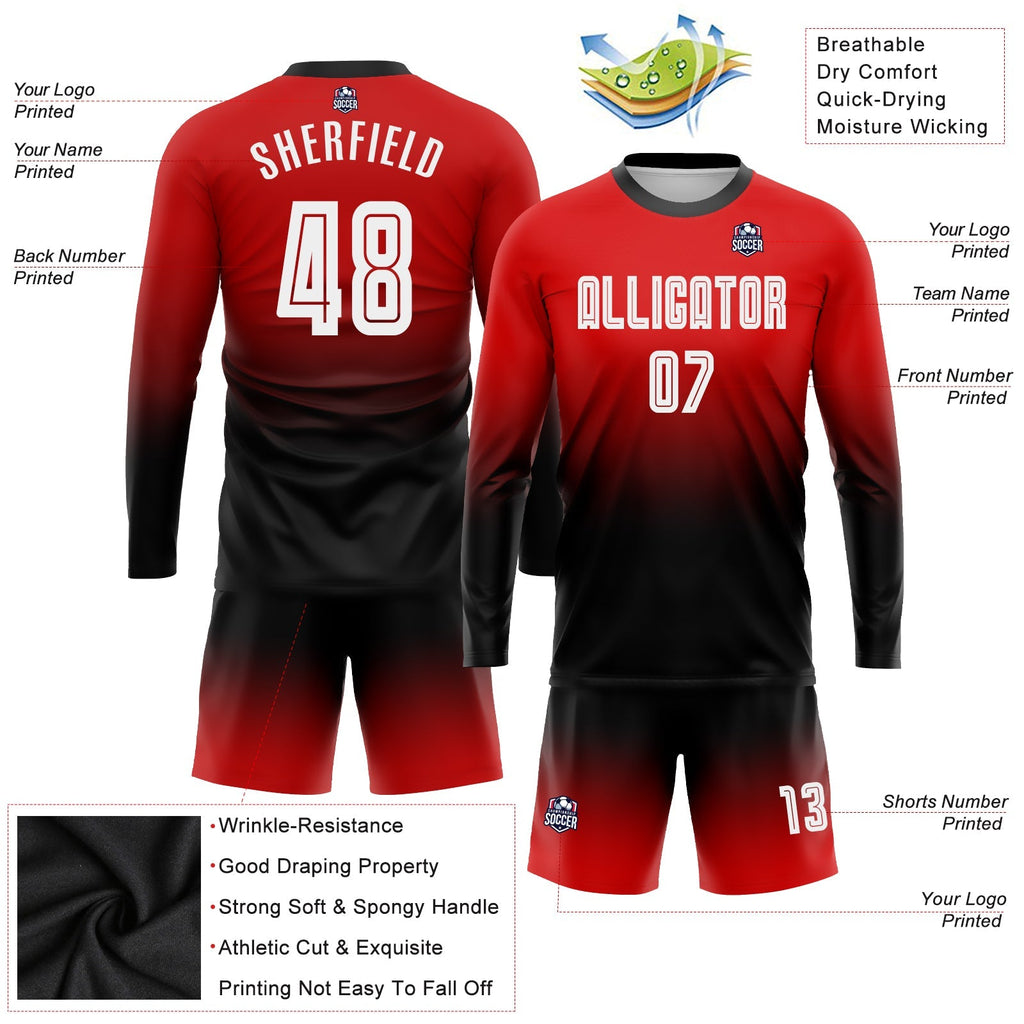 Custom Soccer Jersey - Red White-Black Sublimation Long Sleeve Fade Fashion Uniform