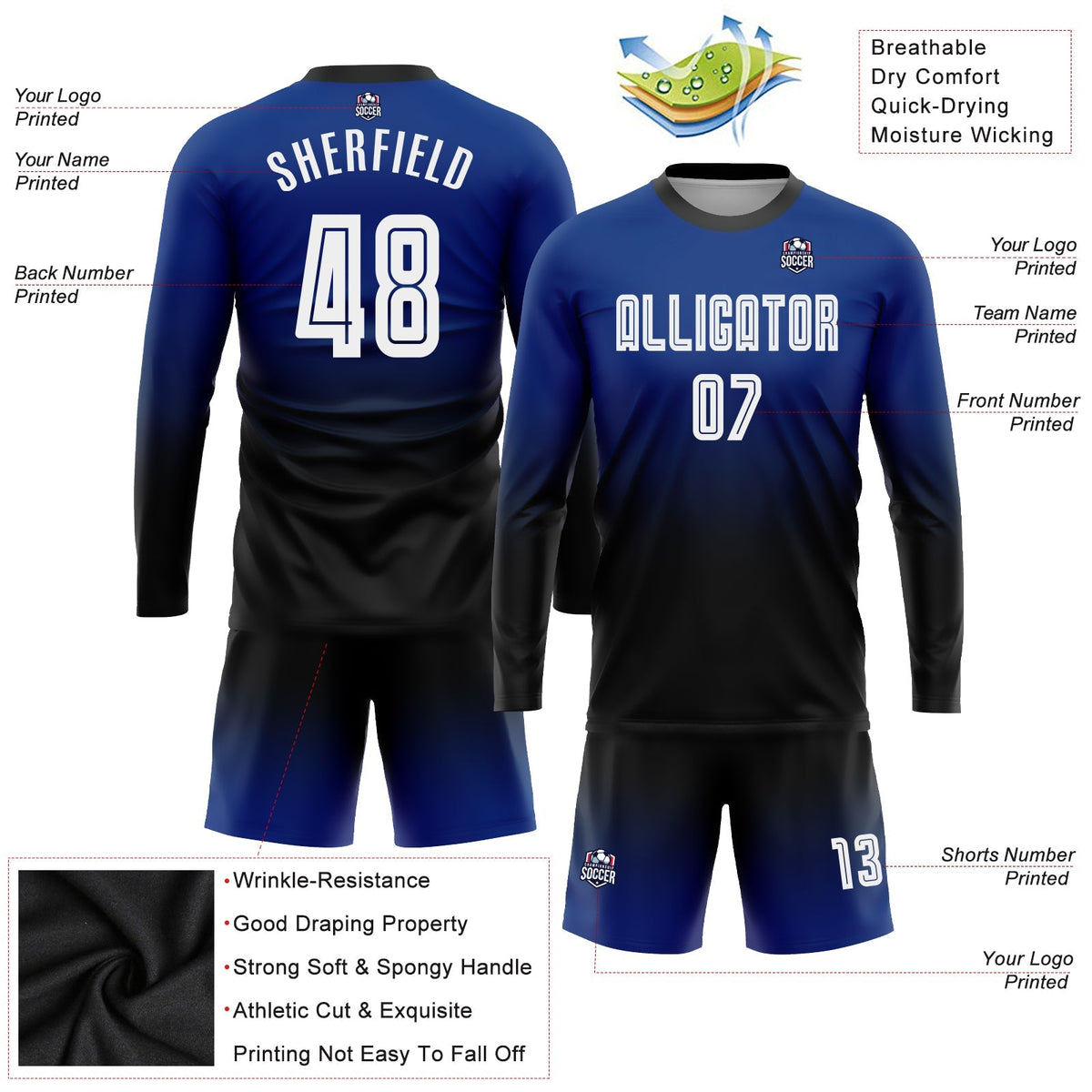 Custom Soccer Jersey - Royal White-Black Sublimation Long Sleeve Fade Fashion Uniform