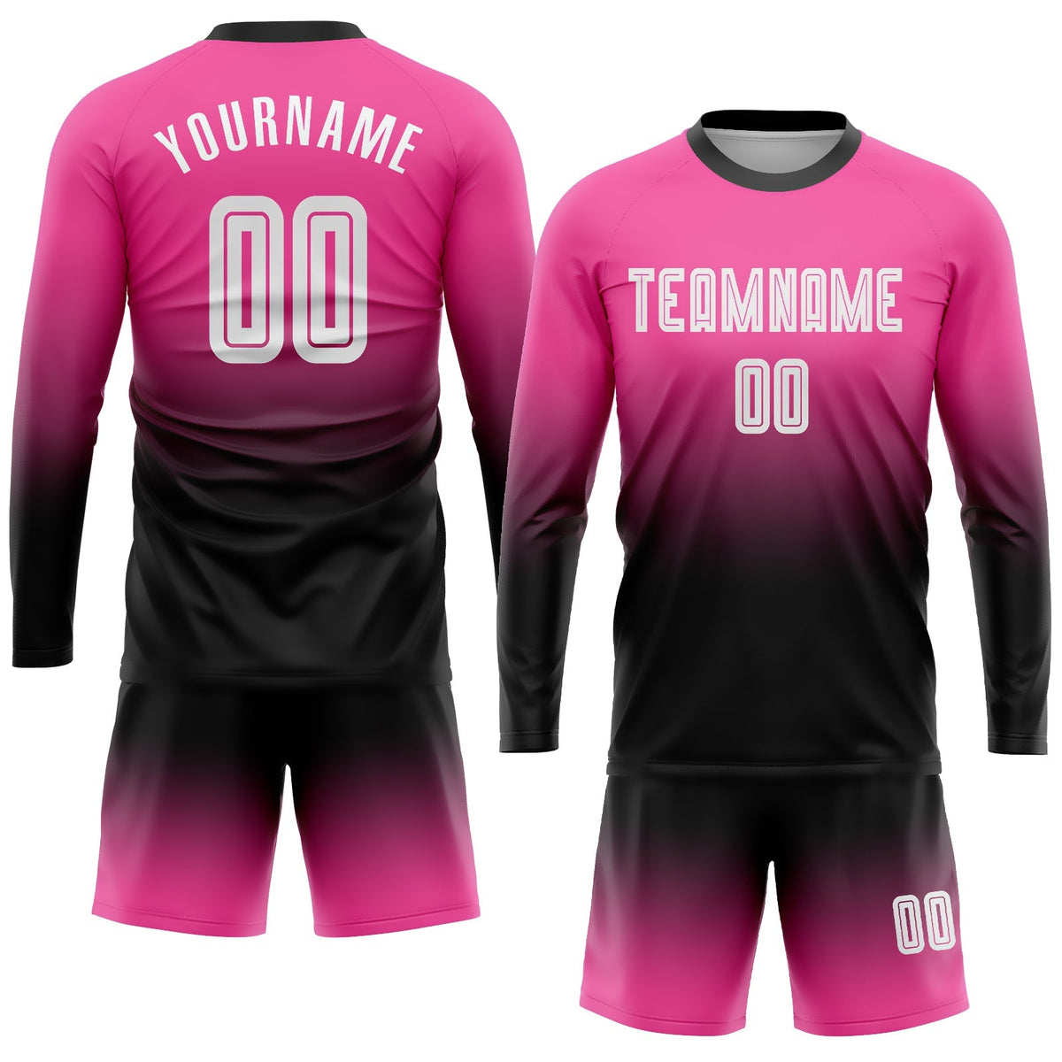 Custom Soccer Jersey - Pink White-Black Sublimation Long Sleeve Fade Fashion Uniform
