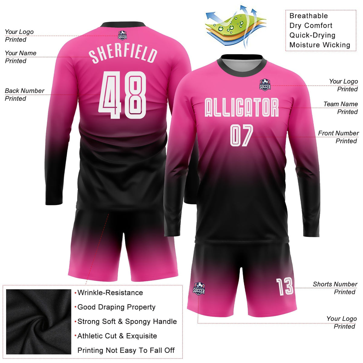 Custom Soccer Jersey - Pink White-Black Sublimation Long Sleeve Fade Fashion Uniform