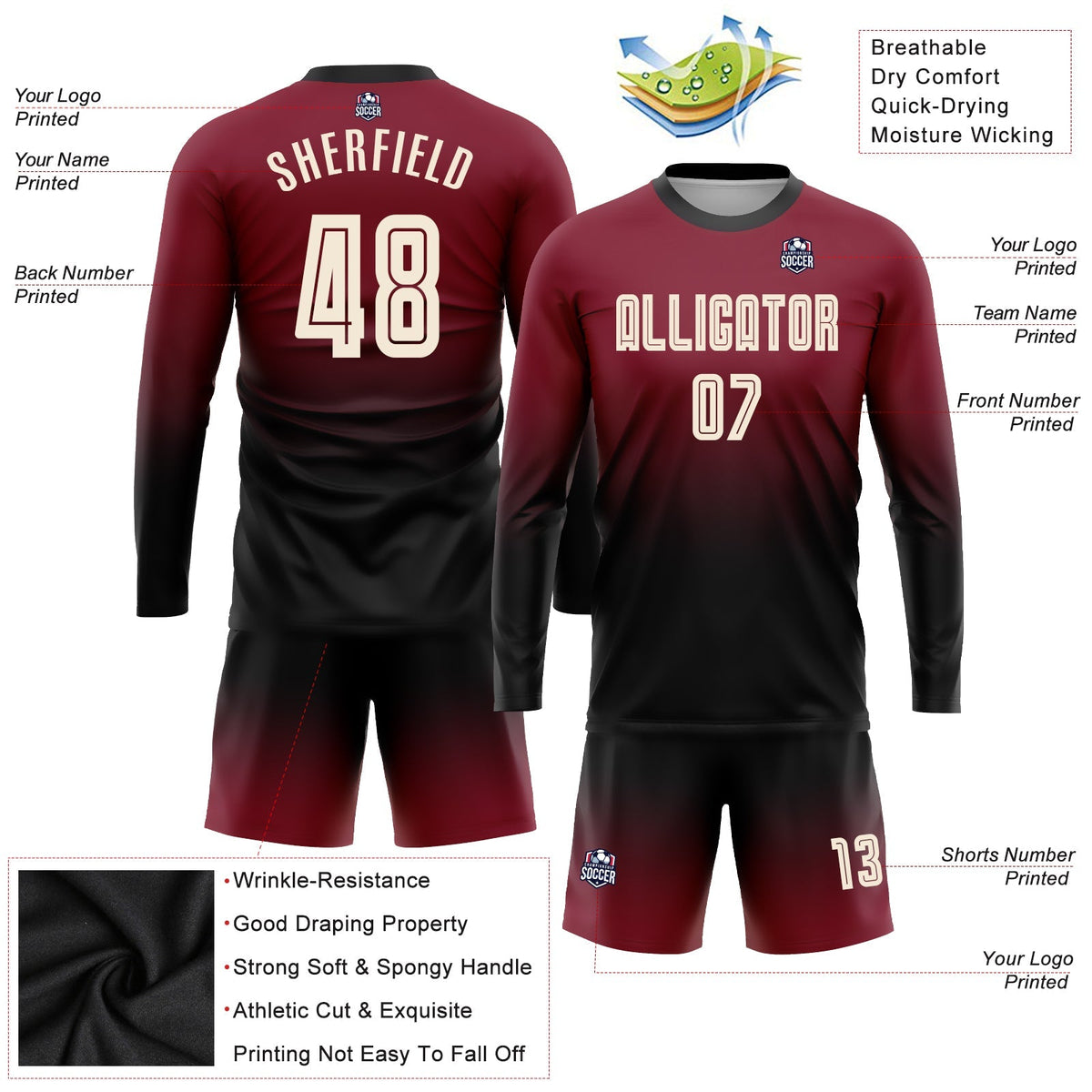 Custom Soccer Jersey - Crimson Cream-Black Sublimation Long Sleeve Fade Fashion Uniform