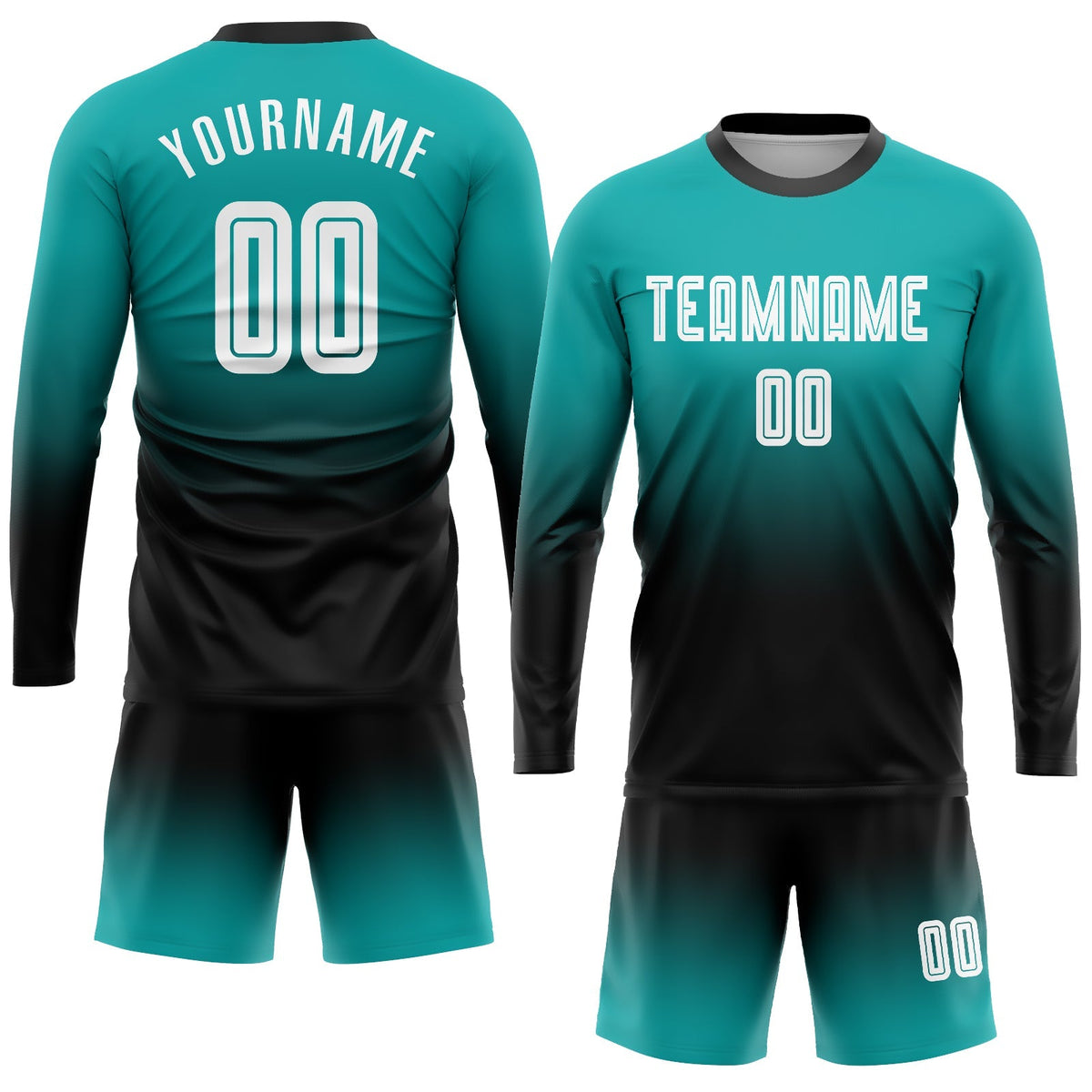 Custom Soccer Jersey - Aqua White-Black Sublimation Long Sleeve Fade Fashion Uniform