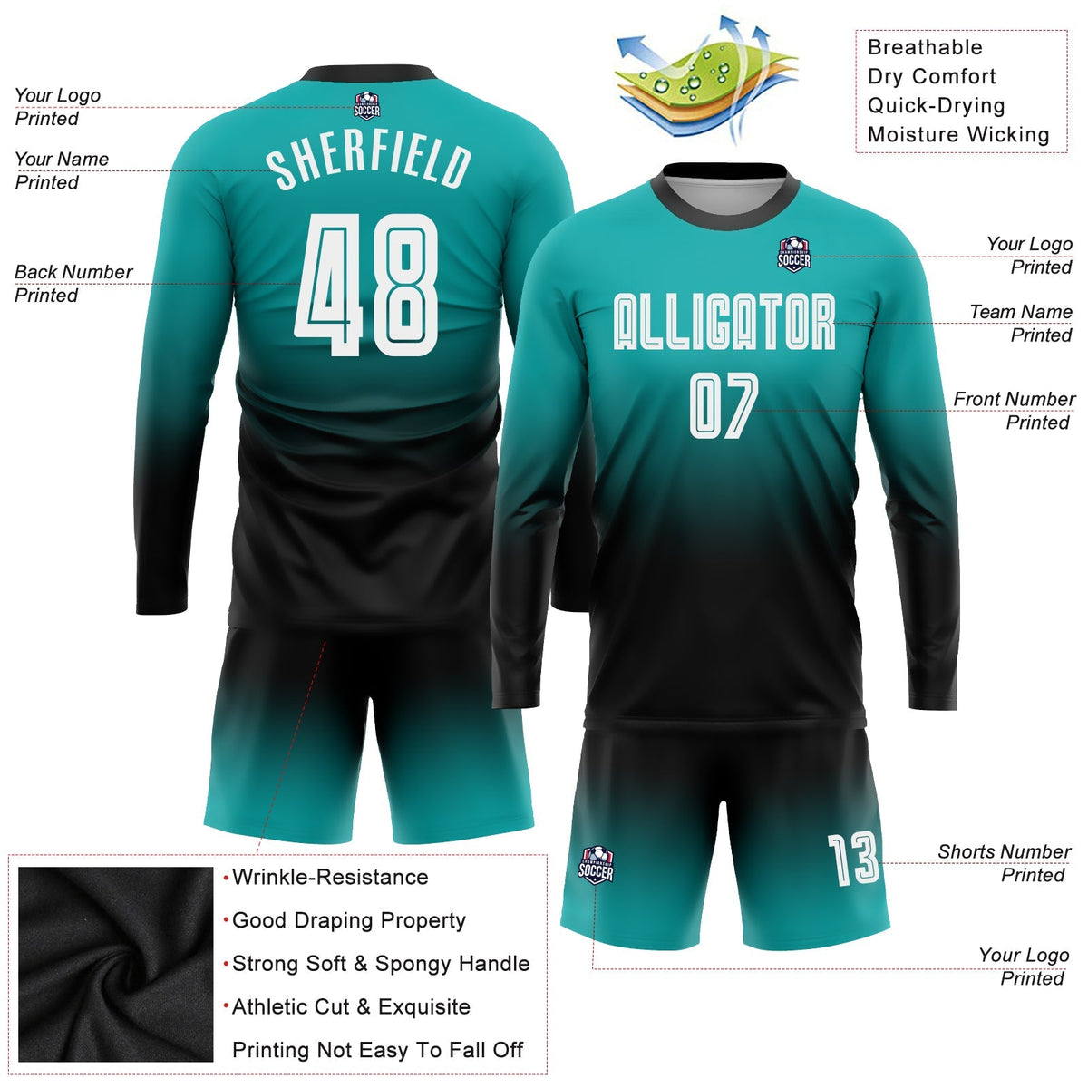 Custom Soccer Jersey - Aqua White-Black Sublimation Long Sleeve Fade Fashion Uniform