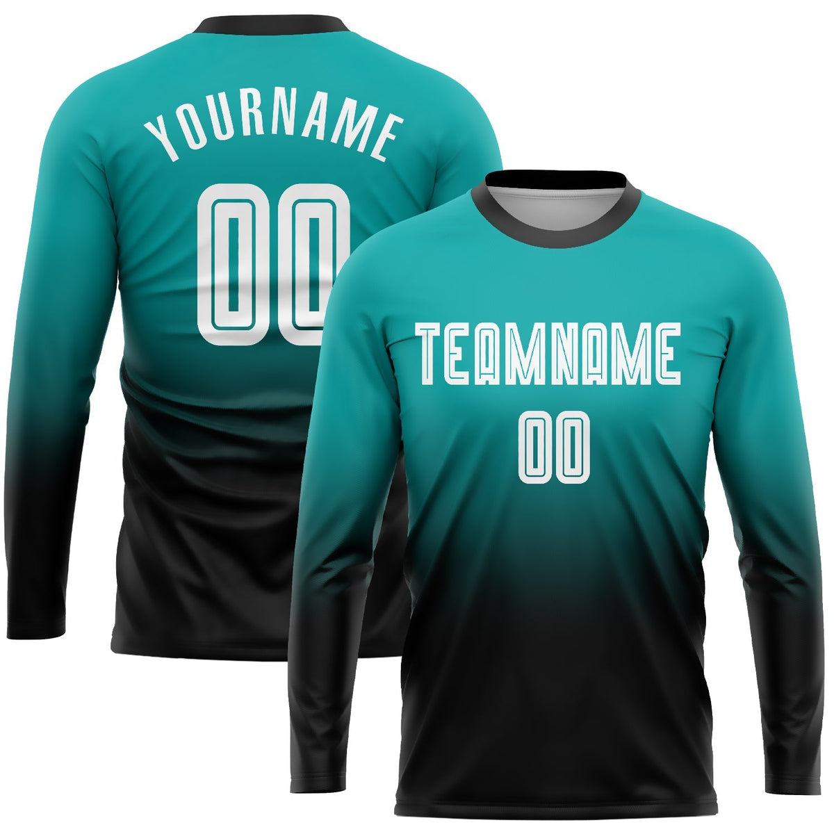 Custom Soccer Jersey - Aqua White-Black Sublimation Long Sleeve Fade Fashion Uniform