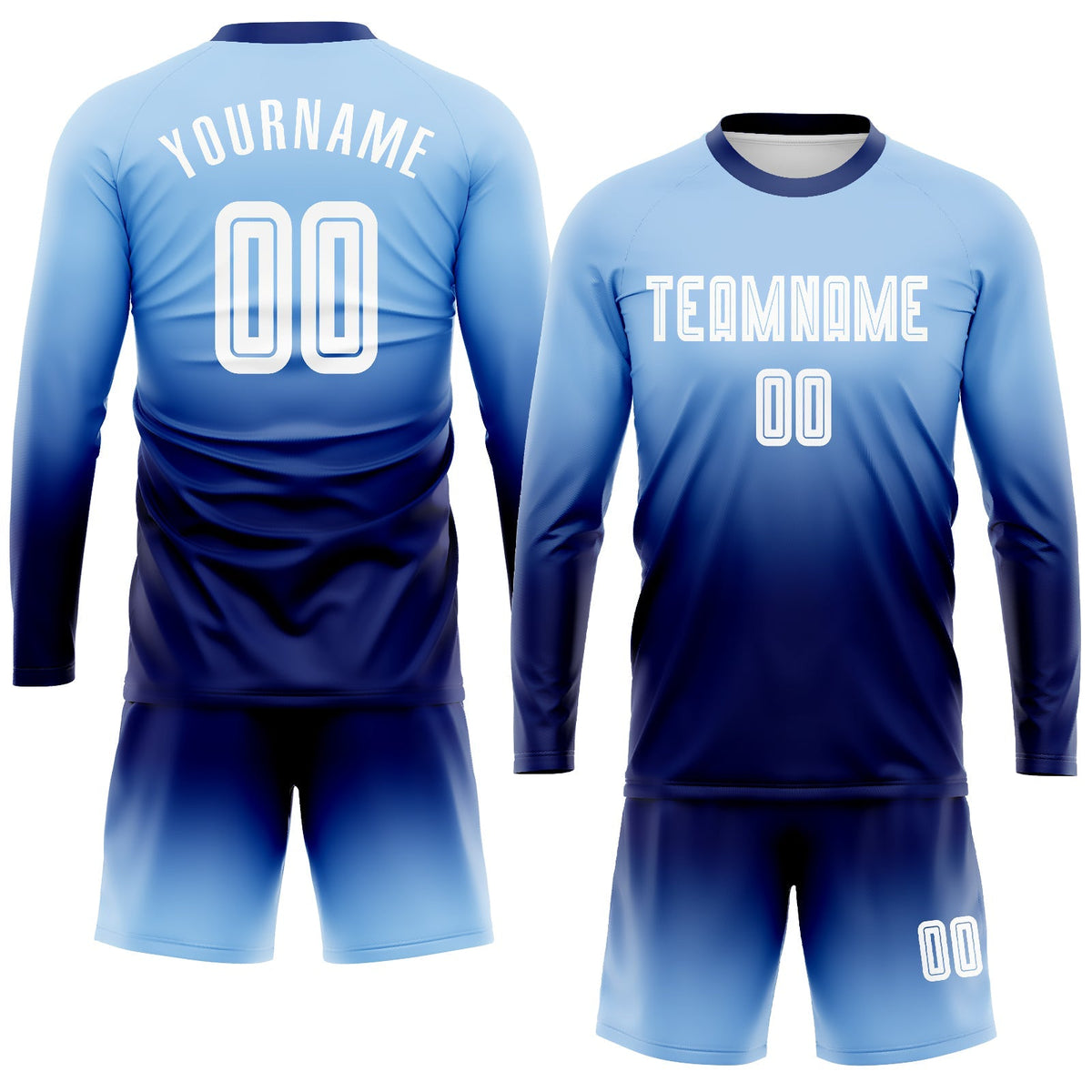 Custom Soccer Jersey - Light Blue White-Navy Sublimation Long Sleeve Fade Fashion Uniform