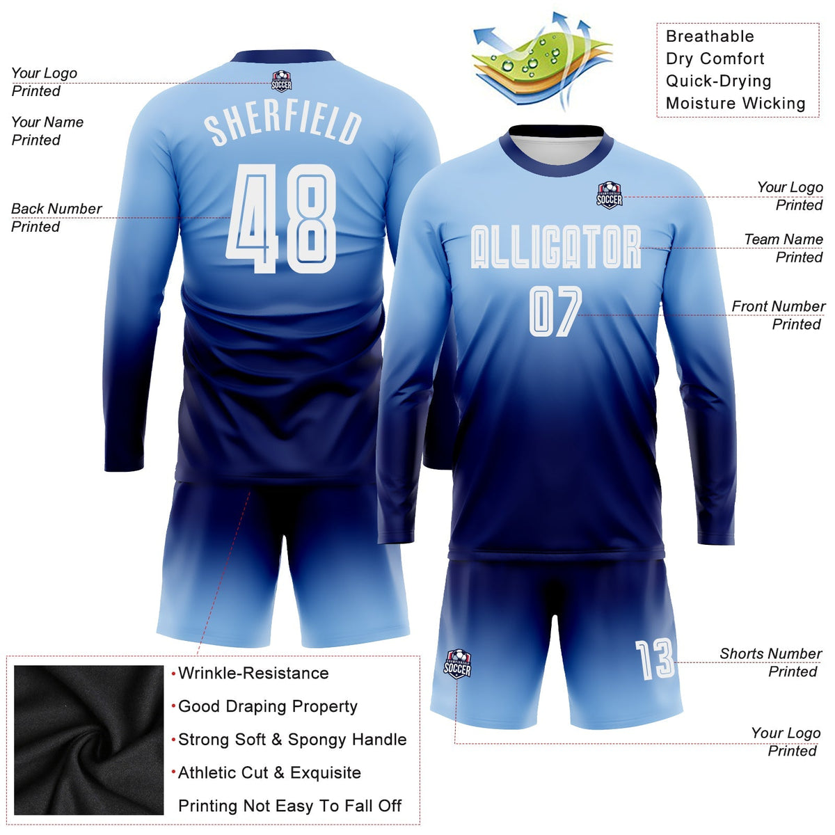 Custom Soccer Jersey - Light Blue White-Navy Sublimation Long Sleeve Fade Fashion Uniform