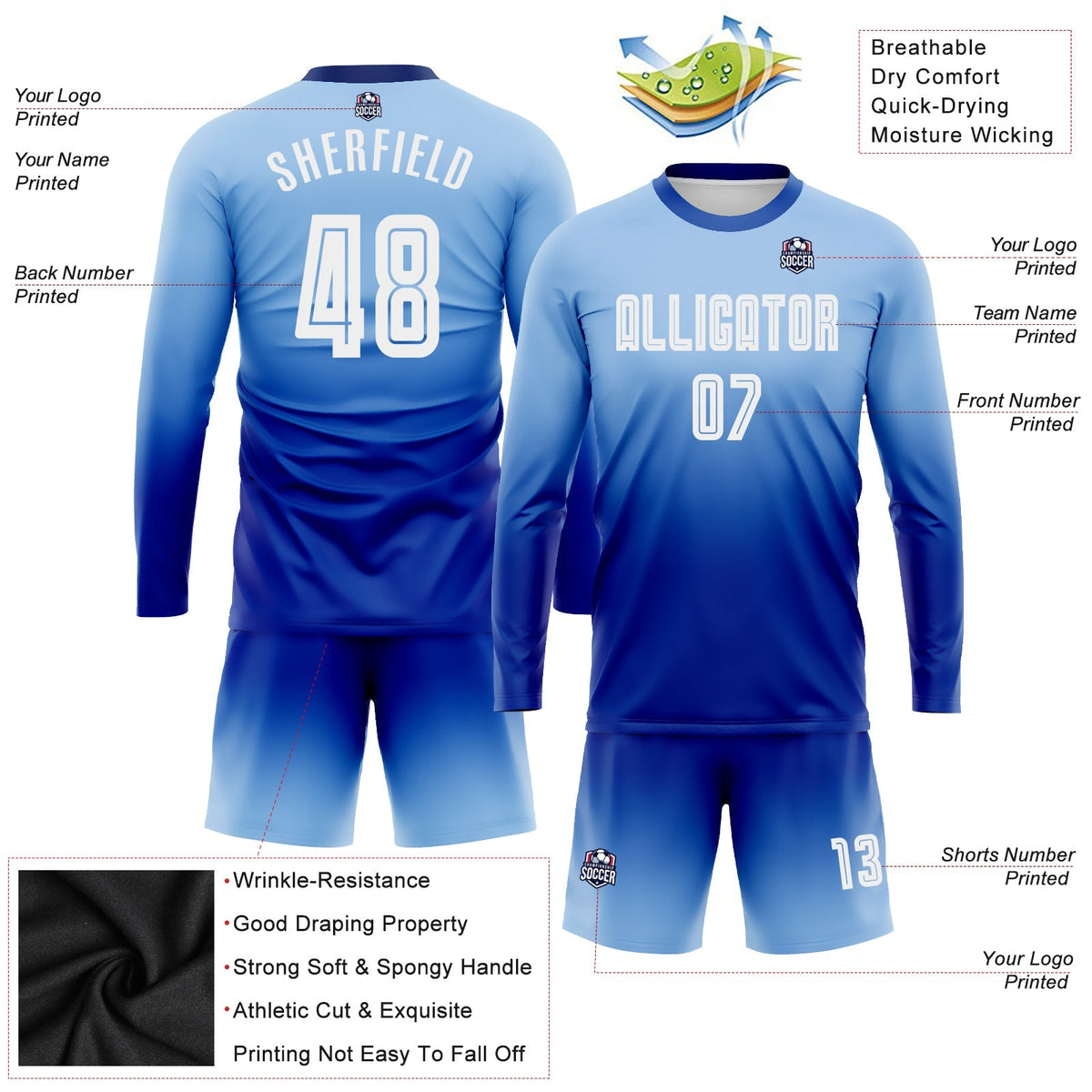 Custom Soccer Jersey - Light Blue White-Royal Sublimation Long Sleeve Fade Fashion Uniform