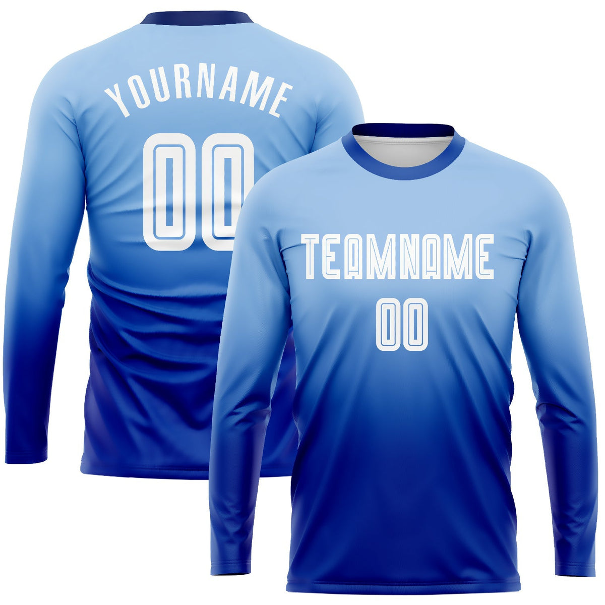 Custom Soccer Jersey - Light Blue White-Royal Sublimation Long Sleeve Fade Fashion Uniform