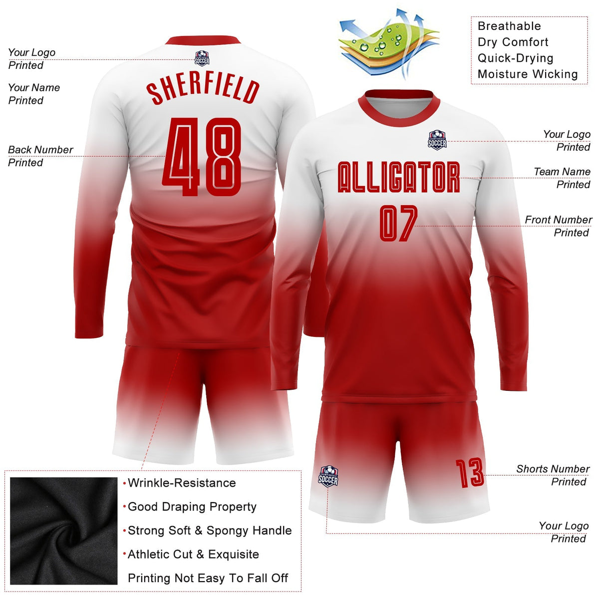 Custom Soccer Jersey - White Red Sublimation Long Sleeve Fade Fashion Uniform