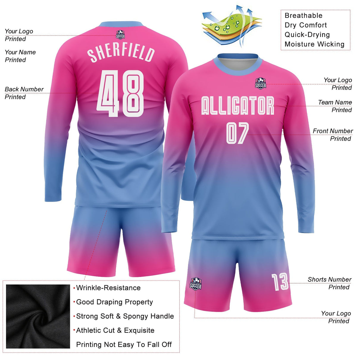 Custom Soccer Jersey - Pink White-Light Blue Sublimation Long Sleeve Fade Fashion Uniform
