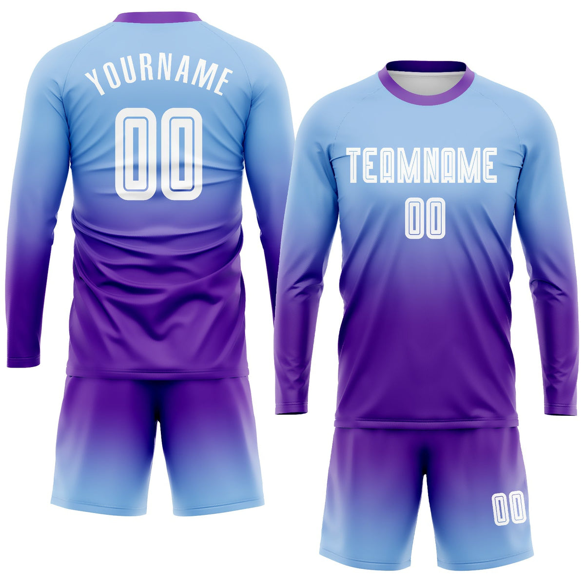 Custom Soccer Jersey - Light Blue White-Purple Sublimation Long Sleeve Fade Fashion Uniform