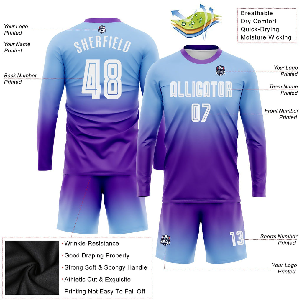 Custom Soccer Jersey - Light Blue White-Purple Sublimation Long Sleeve Fade Fashion Uniform