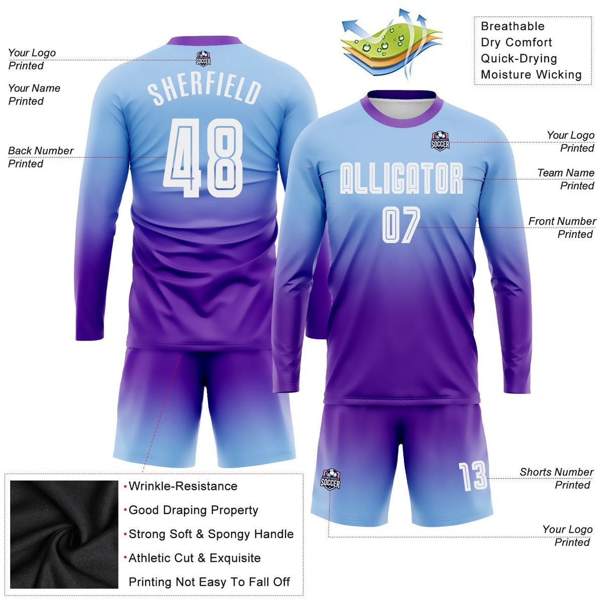 Custom Soccer Jersey - Light Blue White-Purple Sublimation Long Sleeve Fade Fashion Uniform